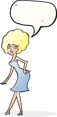 Bir insan tarafından çizilmiş konuşma balonuyla poz veren karikatür kadın.