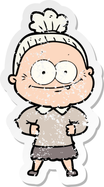 Bir insan tarafından çizilmiş mutlu, yaşlı bir kadının sıkıntılı çıkartması.