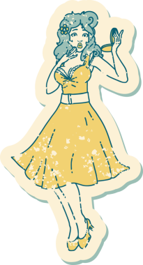 İkonik sıkıntılı dövme stili. Bir insan tarafından çizilmiş, şaşırtılmış bir kız resmi.