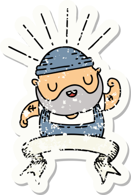 Dövme stili eski bir çıkartma. Sakallı bir adam. Bir insan tarafından çizilmiş pazılarını esnetiyor.