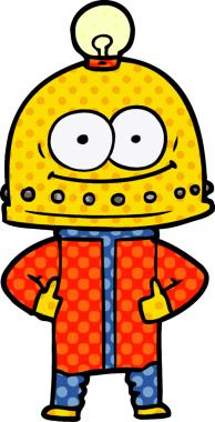 Bir insan tarafından çizilmiş ampullü mutlu karton robot.