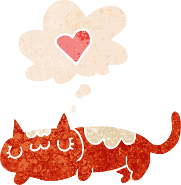 grunge 'da düşünce baloncuğu olan çizgi film kedisi bir insan tarafından çizilmiş dertli retro desenli