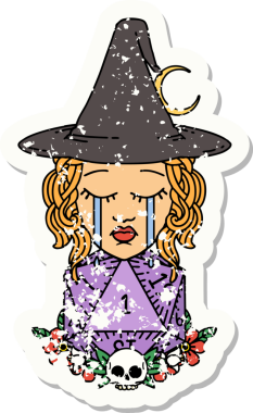 Ağlayan bir insan cadının grunge çıkartması. Bir insan tarafından çizilmiş doğal bir D20 zarlı.