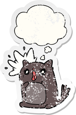 Karikatür, insan tarafından çizilmiş yıpranmış bir çıkartma gibi düşünce baloncuğuyla şok olmuş kedi.