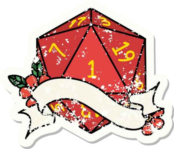 Bir insan tarafından çizilmiş doğal bir d20 zarının grunge çıkartması.