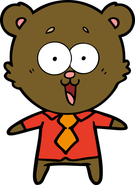 Bir insan tarafından çizilmiş tişörtlü ve kravatlı gülen ayıcık çizgi filmi.