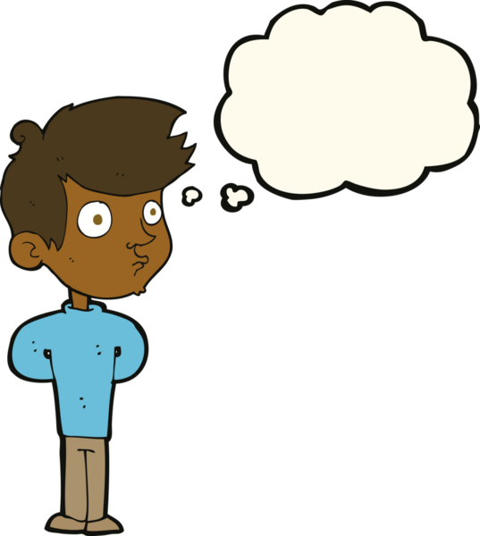 Bir insan tarafından çizilmiş düşünce balonuyla bakan çizgi film çocuğu.
