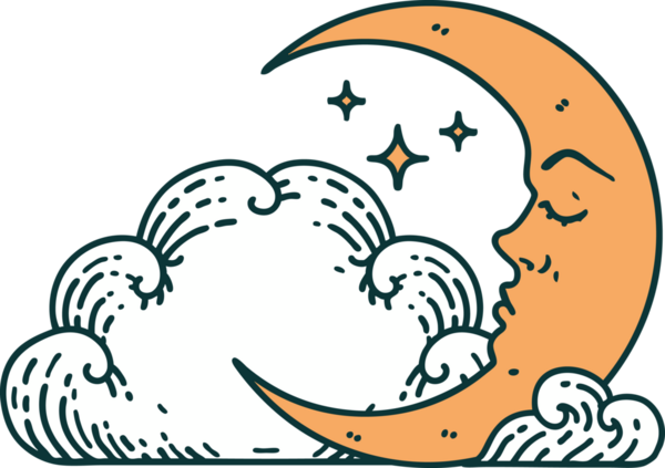 Hilal şeklinde bir dövme ve bir insan tarafından çizilmiş bulutlar.