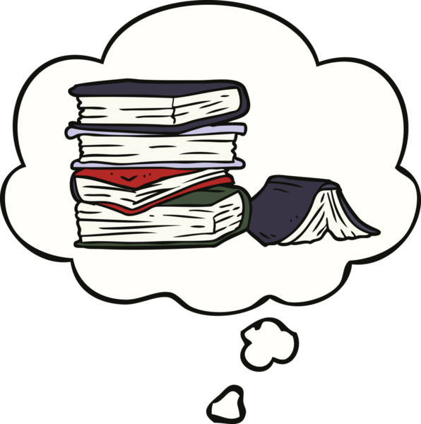 Bir insan tarafından çizilmiş düşünce baloncuklu kitap yığını.