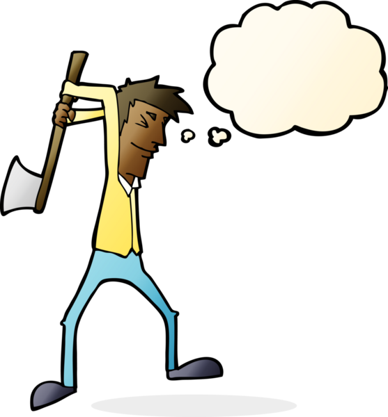 Bir insan tarafından çizilmiş düşünce balonuyla balta sallayan çizgi film adamı.