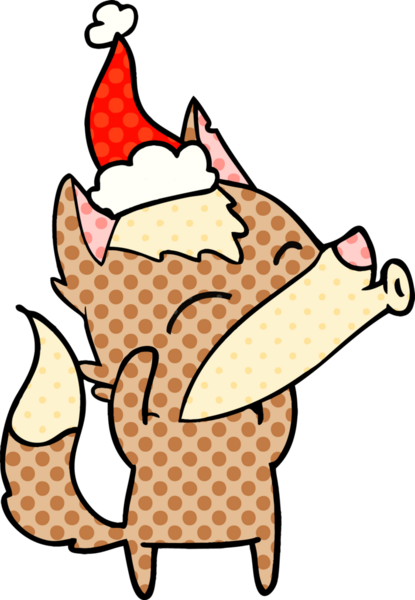 Uluyan kurt eli bir insan tarafından çizilmiş Noel Baba şapkasının çizgi roman çizimi.