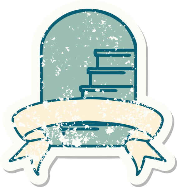 Bir insan tarafından çizilmiş basamaklara açılan kapı armalı eski bir etiket.