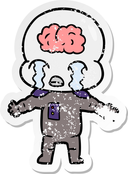 Bir çizgi filmin sıkıntılı çıkartması. Bir insan tarafından çizilmiş büyük beyinli uzaylı ağlaması.