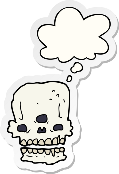 İnsan tarafından çizilmiş bir çıkartma olarak düşünce baloncuğu olan karikatürümsü kafatası.