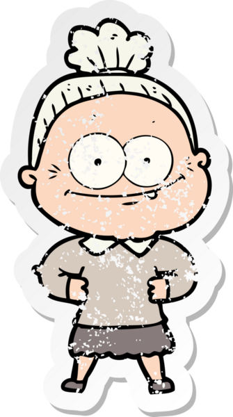 Bir insan tarafından çizilmiş mutlu, yaşlı bir kadının sıkıntılı çıkartması.