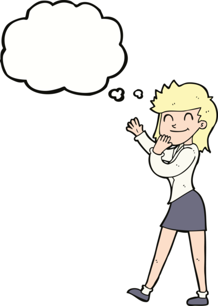 Bir insan tarafından çizilmiş düşünce baloncuğu olan mutlu bir iş kadını.