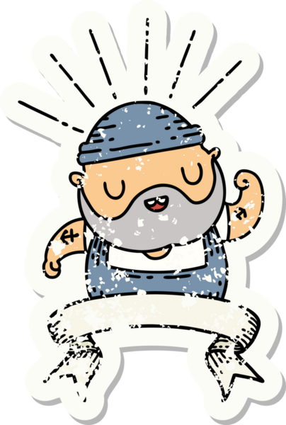 Dövme stili eski bir çıkartma. Sakallı bir adam. Bir insan tarafından çizilmiş pazılarını esnetiyor.