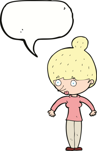 Bir insan tarafından çizilmiş bir konuşma balonuyla bakan çizgi film kadını.