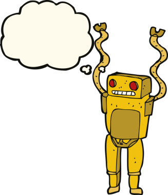 Bir insan tarafından çizilmiş düşünce baloncuklu komik robot.