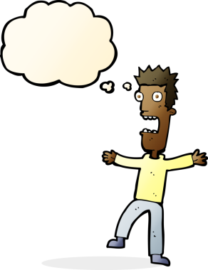 Bir insan tarafından çizilmiş düşünce baloncuğuyla dehşete düşmüş bir adam.