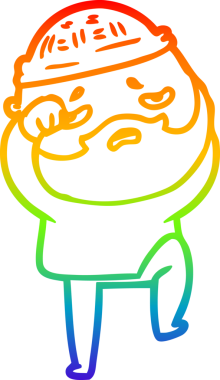 Bir insan tarafından çizilmiş sakallı, endişeli bir çizgi film çizimi.