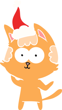 Bir insan tarafından çizilmiş Noel Baba şapkası takan bir kedinin düz renk çizimi.