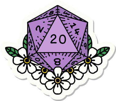 Bir insan tarafından çizilmiş 20 D20 zarının etiketi.