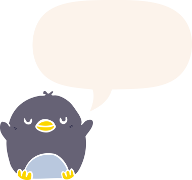 Bir insan tarafından çizilmiş konuşma baloncuğu olan sevimli penguen çizgi filmi.