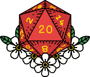 Retro Dövme Biçimi Doğal 20 D20 zar bir insan tarafından çizilmiş çiçek elementleriyle