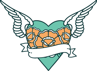 Kanatlı, çiçek ve bir insan tarafından çizilmiş bir kalbin ikonik dövme görüntüsü.