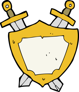 Çizgi film kalkanı ve bir insan tarafından çekilen kılıçlar