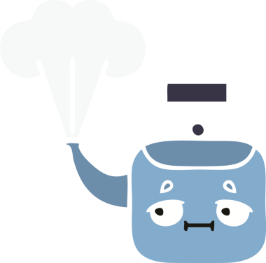 Bir insan tarafından çizilen dumanı tüten bir çaydanlığın düz renkli retro karikatürü