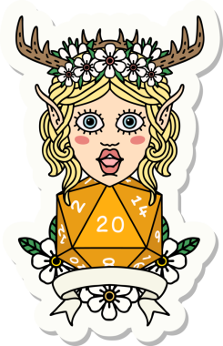 Bir insan tarafından çizilmiş doğal 20 zarlı Elf Druid karakterinin çıkartması.