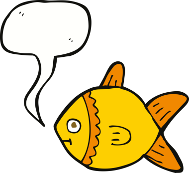 Bir insan tarafından çizilmiş konuşma balonlu çizgi film balığı.