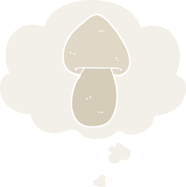 Düşünce baloncuğu olan çizgi film mantarları insan tarafından çizilmiş.