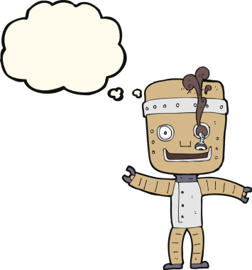 Bir insan tarafından çizilmiş düşünce baloncuğu olan komik yaşlı robot.