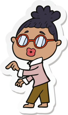 Bir insan tarafından çizilmiş gözlüklü bir karikatür kadının çıkartması.