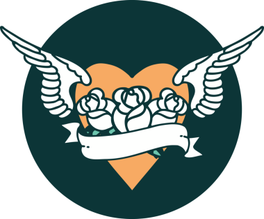 Kanatlı, çiçek ve bir insan tarafından çizilmiş bir kalbin ikonik dövme görüntüsü.