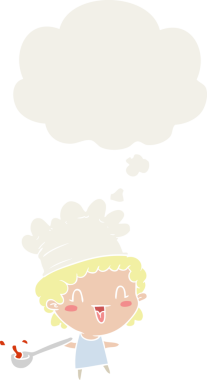 Düşünce baloncuğu olan karikatür şefi bir insan tarafından çizilmiş.