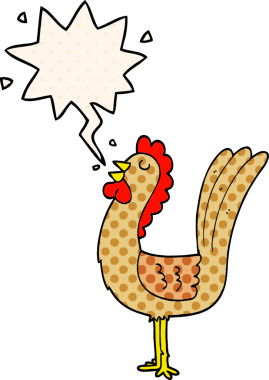 Bir insan tarafından çizilmiş çizgi roman tarzında konuşma balonu olan çizgi film horozu.