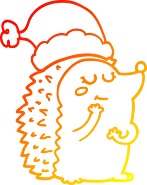 Bir insan tarafından çizilmiş Noel şapkası giyen bir kirpinin sıcak çizgi çizimi