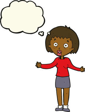 Bir insan tarafından çizilmiş düşünce baloncuğuyla bahaneler üreten çizgi film kadını.