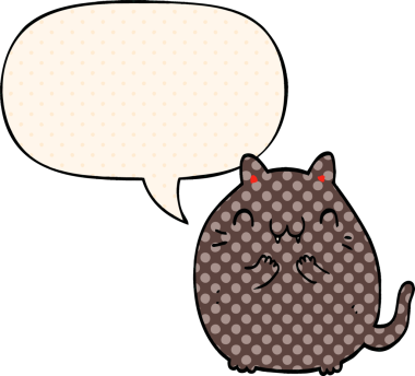 Bir insan tarafından çizilmiş çizgi roman tarzında konuşma balonu olan mutlu çizgi film kedisi.