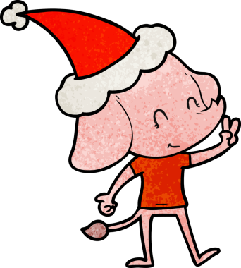 Bir insan tarafından çizilmiş Noel Baba şapkası takan bir filin desenli çizimi.