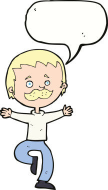 Bir insan tarafından çizilmiş konuşma balonlu bıyıklı çizgi film dansçısı.