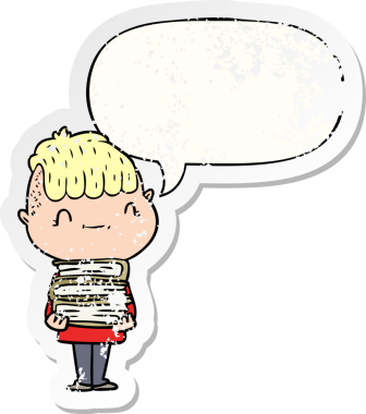 Konuşma balonlu çizgi roman seven çocuk, bir insan tarafından çizilmiş sıkıntılı eski bir çıkartma.