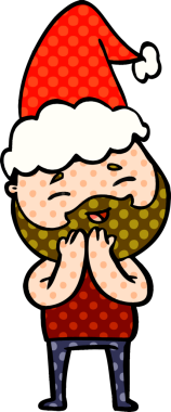 Bir insan tarafından çizilmiş Noel Baba şapkası giyen mutlu sakallı bir adamın el çizimi çizgi roman tasviri.