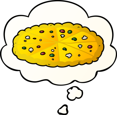 Düşünce baloncuklu çizgi film pizzası bir insan tarafından çizilmiş.