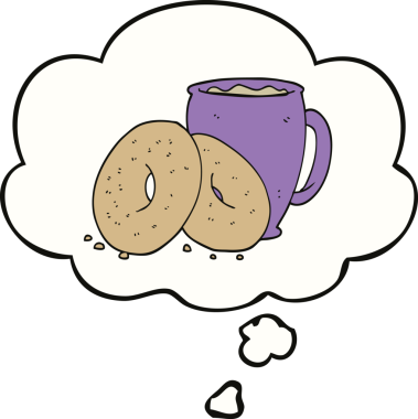 Bir insan tarafından çizilmiş düşünce balonlu kahve ve çörekler.