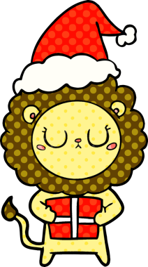 Noel hediyesi olan bir aslanın Noel Baba şapkası giymiş bir insan tarafından çizilmiş bir çizgi roman çizimi.